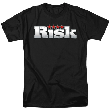 Black men's regular fit t-shirt with Hasbro Risk Logo graphic