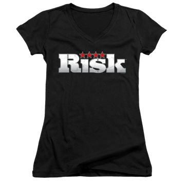 Black juniors v-neck t-shirt with Hasbro Risk Logo graphic