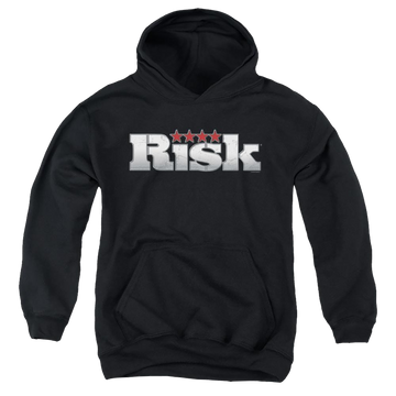 Black youth hoodie for ages 8 to 12 with Hasbro Risk Logo graphic