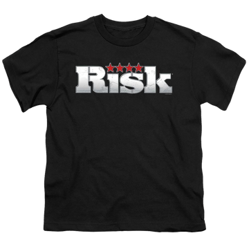 Black youth t-shirt for ages 8 to 12 with Hasbro Risk Logo graphic