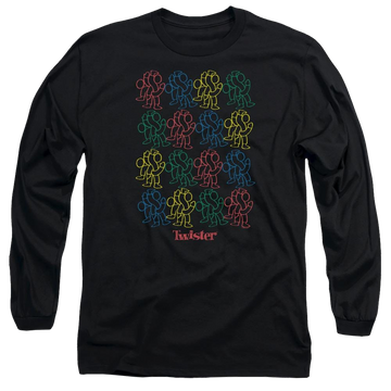 Black men's long sleeve t-shirt with Hasbro Twister Retro Fashion Icon graphic