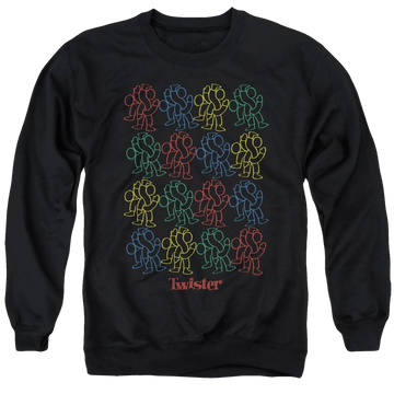 Black men's crewneck sweatshirt with Hasbro Twister Retro Fashion Icon graphic