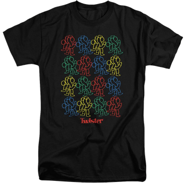 Black men's tall fit t-shirt with Hasbro Twister Retro Fashion Icon graphic
