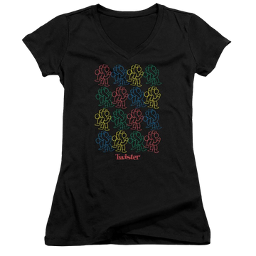 Black juniors v-neck t-shirt with Hasbro Twister Retro Fashion Icon graphic