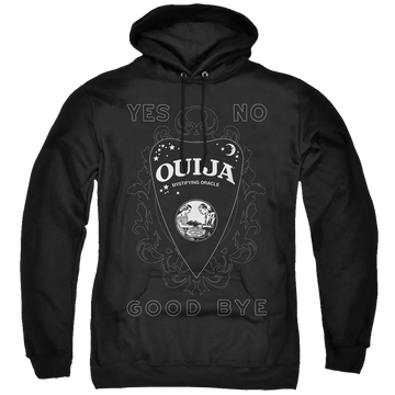 Black pullover hoodie with Hasbro Ouija Board Planchette graphic