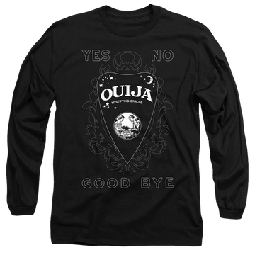 Black men's long sleeve t-shirt with Hasbro Ouija Board Planchette graphic