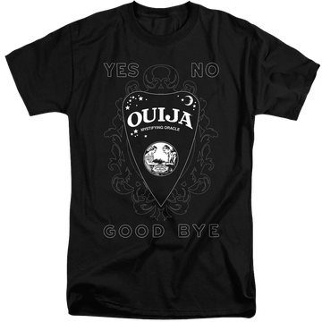 Black men's tall fit t-shirt with Hasbro Ouija Board Planchette graphic