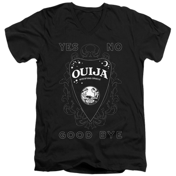 Black men's v-neck t-shirt with Hasbro Ouija Board Planchette graphic