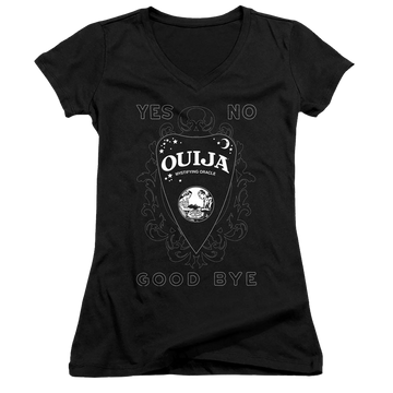 Black juniors v-neck t-shirt with Hasbro Ouija Board Planchette graphic