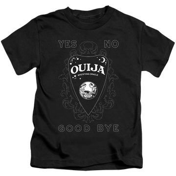 Black kid's t-shirt for ages 4 to 7 with Hasbro Ouija Board Planchette graphic