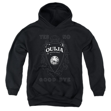 Black youth hoodie for ages 8 to 12 with Hasbro Ouija Board Planchette graphic