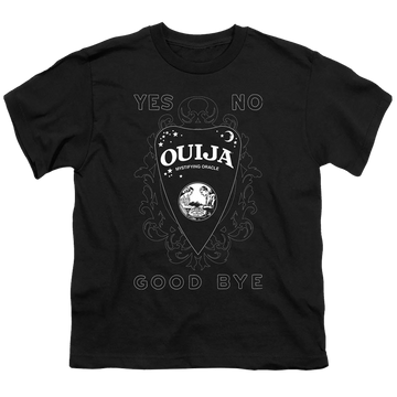 Black youth t-shirt for ages 8 to 12 with Hasbro Ouija Board Planchette graphic