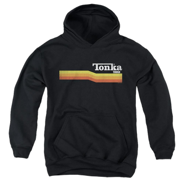 Black youth hoodie for ages 8 to 12 with Hasbro Tonka Stripe graphic