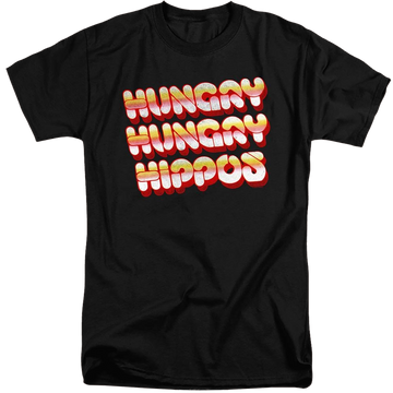 Black men's tall fit t-shirt with Hungry Hungry Hippos Vintage Logo graphic