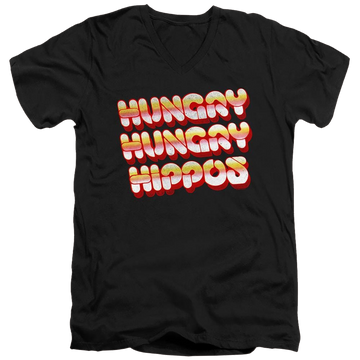 Black men's v-neck t-shirt with Hungry Hungry Hippos Vintage Logo graphic