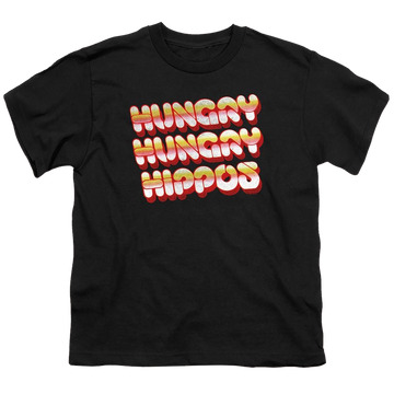 Black youth t-shirt for ages 8 to 12 with Hungry Hungry Hippos Vintage Logo graphic
