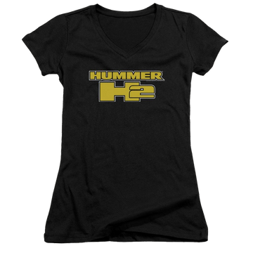 Black juniors v-neck t-shirt with Hummer H2 Block Logo graphic