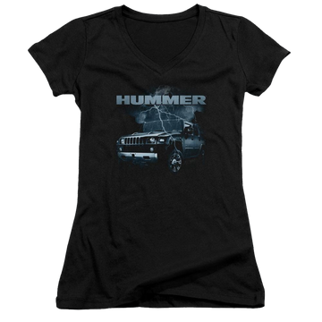 Black juniors v-neck t-shirt with Hummer Stormy Ride graphic