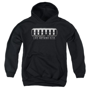 Black youth hoodie for ages 8 to 12 with Hummer Grill graphic