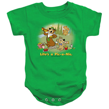 Kelly green baby bodysuit with Yogi Bear Life's A Picnic graphic