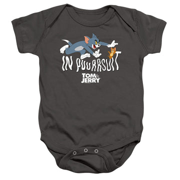 Charcoal baby bodysuit with Tom and Jerry In Pursuit graphic