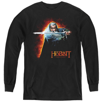 Black youth long sleeve t-shirt with The Hobbit Secret Fire graphic