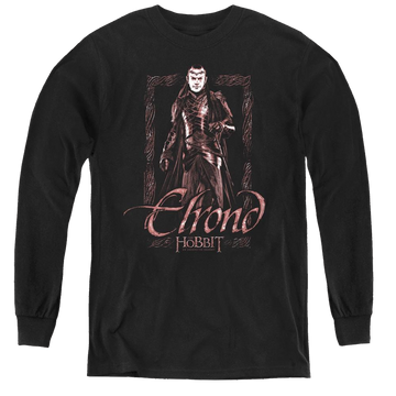 Black youth long sleeve t-shirt with The Hobbit Elrond Stare graphic