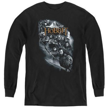Black youth long sleeve t-shirt with The Hobbit Cast Of Characters graphic