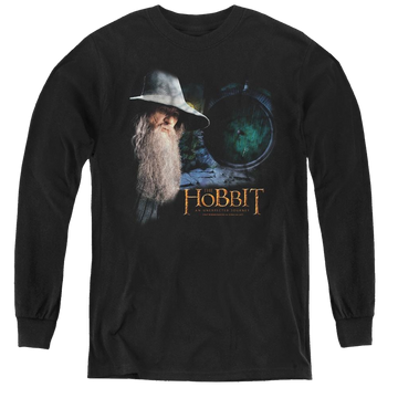 Black youth long sleeve t-shirt with The Hobbit The Door graphic