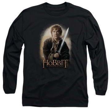 Black men's long sleeve t-shirt with The Hobbit Bilbo And Sting graphic