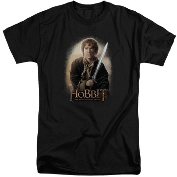 Black men's tall fit t-shirt with The Hobbit Bilbo And Sting graphic