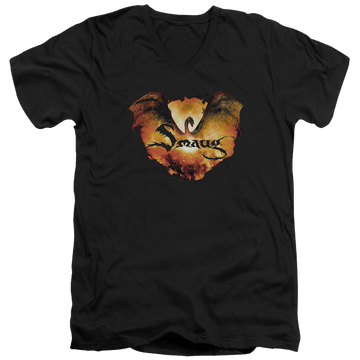 Black men's v-neck t-shirt with The Hobbit Reign In Flame graphic