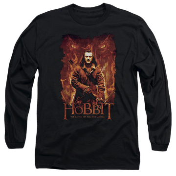 Black men's long sleeve t-shirt with The Hobbit Fates graphic