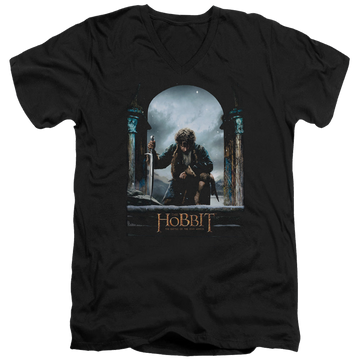 Black men's v-neck t-shirt with The Hobbit Bilbo Poster graphic