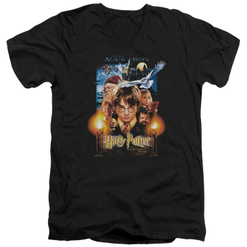 Black men's v-neck t-shirt with Harry Potter Movie Poster graphic