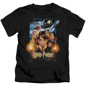 Black kid's t-shirt for ages 4 to 7 with Harry Potter Movie Poster graphic