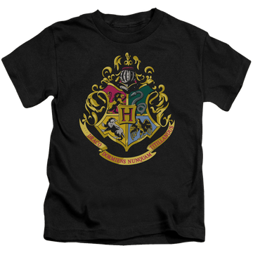 Black kid's t-shirt for ages 4 to 7 with Harry Potter Hogwarts Crest graphic