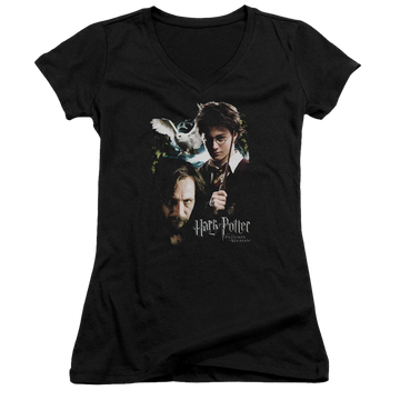 Black juniors v-neck t-shirt with Harry Potter Harry And Sirius graphic