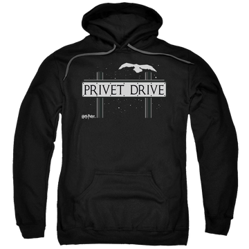 Black pullover hoodie with Harry Potter Privet Drive graphic