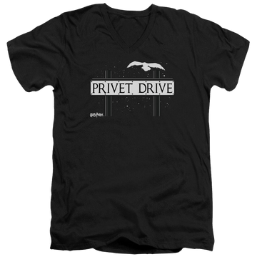 Black men's v-neck t-shirt with Harry Potter Privet Drive graphic
