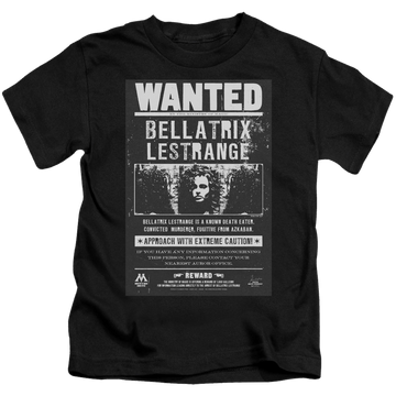 Black kid's t-shirt for ages 4 to 7 with Harry Potter Wanted Bellatrix graphic