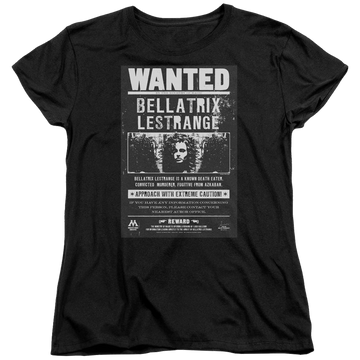 Black women's t-shirt with Harry Potter Wanted Bellatrix graphic