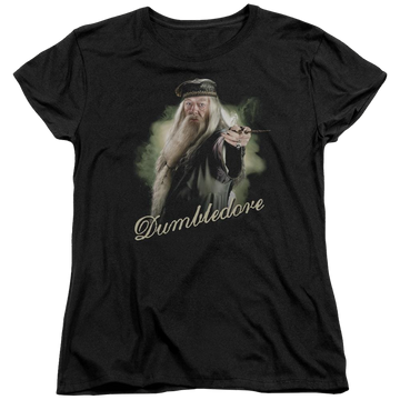 Black women's t-shirt with Harry Potter Dumbledore Wand graphic
