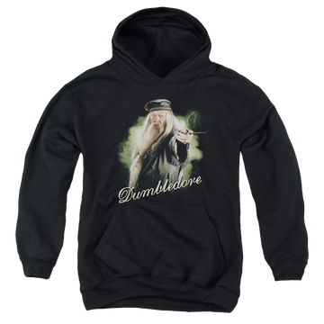 Black youth hoodie for ages 8 to 12 with Harry Potter Dumbledore Wand graphic