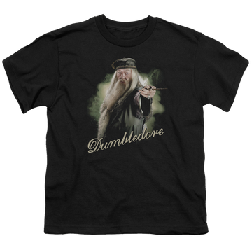 Black youth t-shirt for ages 8 to 12 with Harry Potter Dumbledore Wand graphic