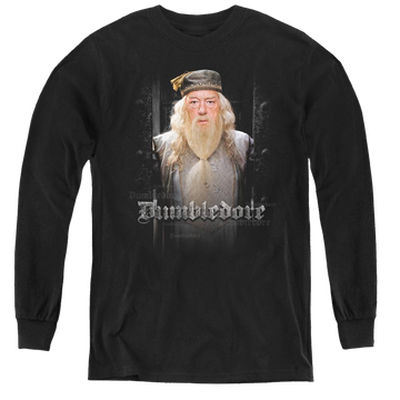 Black youth long sleeve t-shirt with Harry Potter Dumble Doors graphic