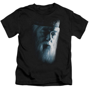 Black kid's t-shirt for ages 4 to 7 with Harry Potter Dumbledore Face graphic