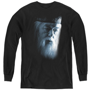 Black youth long sleeve t-shirt with Harry Potter Dumbledore Face graphic