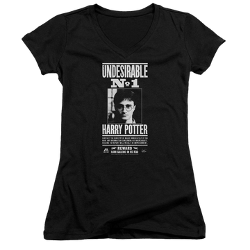 Black juniors v-neck t-shirt with Harry Potter Undesirable No 1 graphic