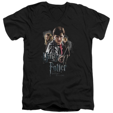 Black men's v-neck t-shirt with Harry Potter Deathly Hollows Cast graphic